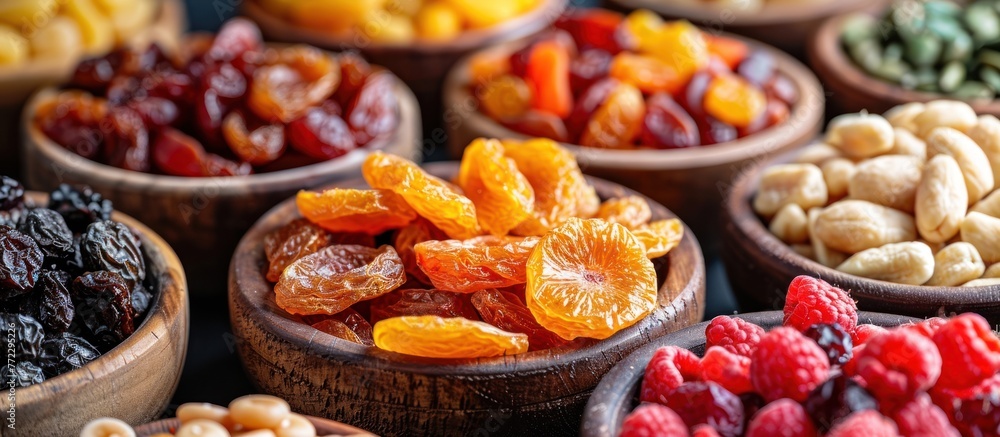 Various types of dried fruits and nuts are displayed in wooden bowls.