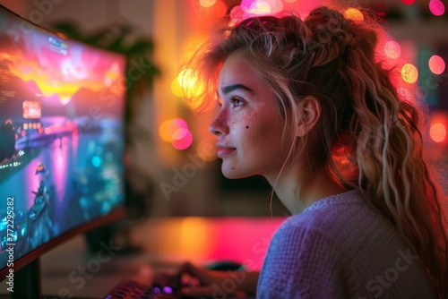 Young female gamer playing video game  illuminated by the screen s glow