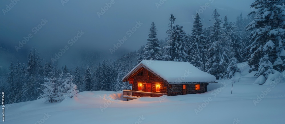 A small cabin surrounded by snow-covered trees in the heart of a wintry forest.