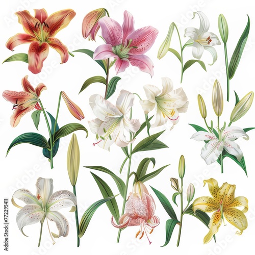 Clip art illustration with various types of Lily on a white background. 