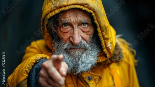 A man with a beard and a yellow jacket pointing to something