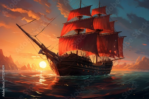Elegant Sailing ocean ship. Pirate yacht. Generate Ai