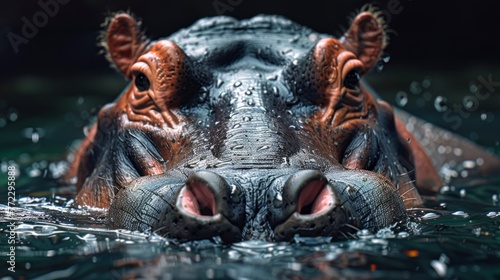 A close-up view of a hippopotamus partially submerged in the water, showing its massive body and distinctive features. 