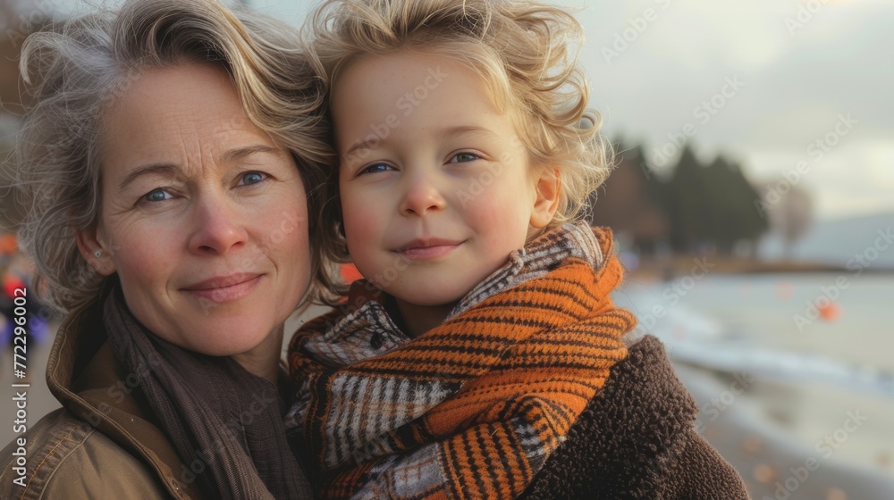 A woman and a child are hugging each other in a field of autumn leaves A woman and a child are hugging each other in a field of autumn leaves