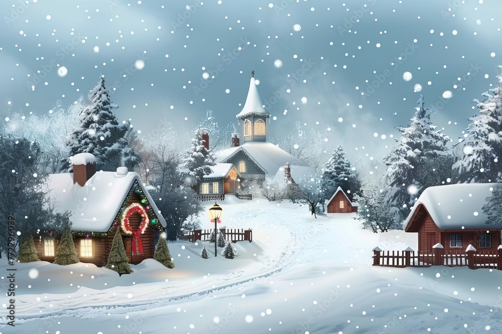 Idyllic winter Christmas scene with snowy landscape and festive decorations, digital illustration