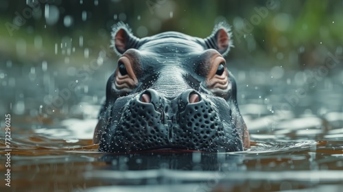 A hippopotamus is seen swimming in a body of water, its massive body effortlessly moving through the water. photo