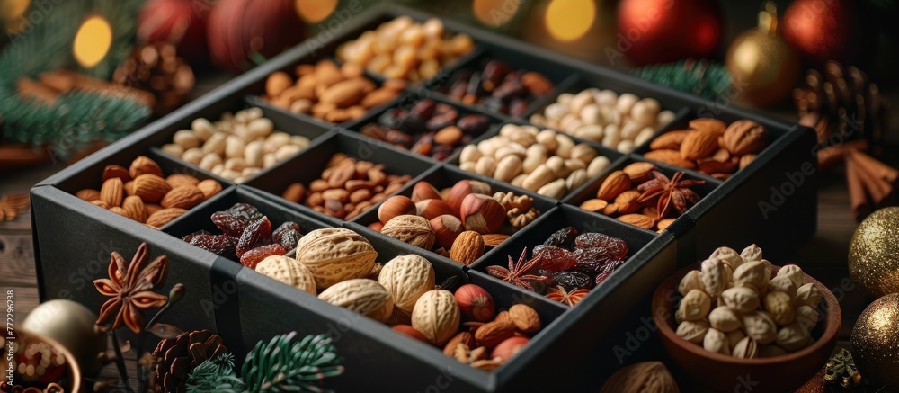 An elegant box filled with a variety of nuts placed next to festive Christmas decorations.