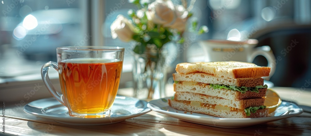 A sandwich and a cup of tea are placed on a table. A sandwich and a cup of tea are placed on a table.