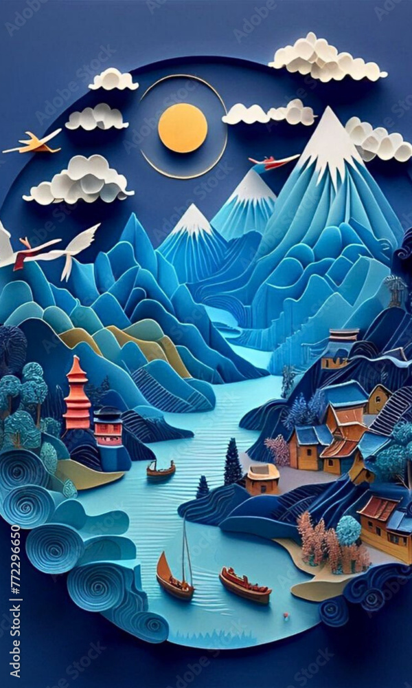 paper sculpture depicts a river flowing through a mountainous landscape.