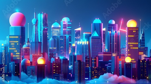 A vibrant cityscape with illuminated skyscrapers dominates the nighttime skyline
