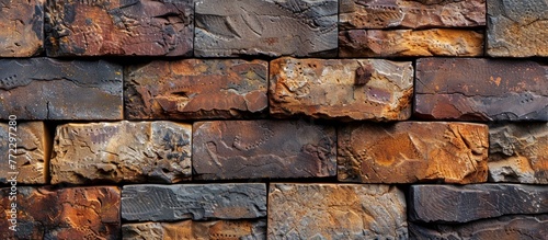 Detailed view of a brick wall with various colors and textures creating a striking pattern.