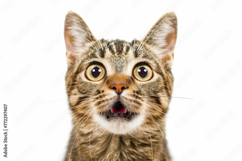 Hilarious Portrait of Surprised Cat with Wide Eyes and Open Mouth, Funny Animal Photography Isolated on White Background