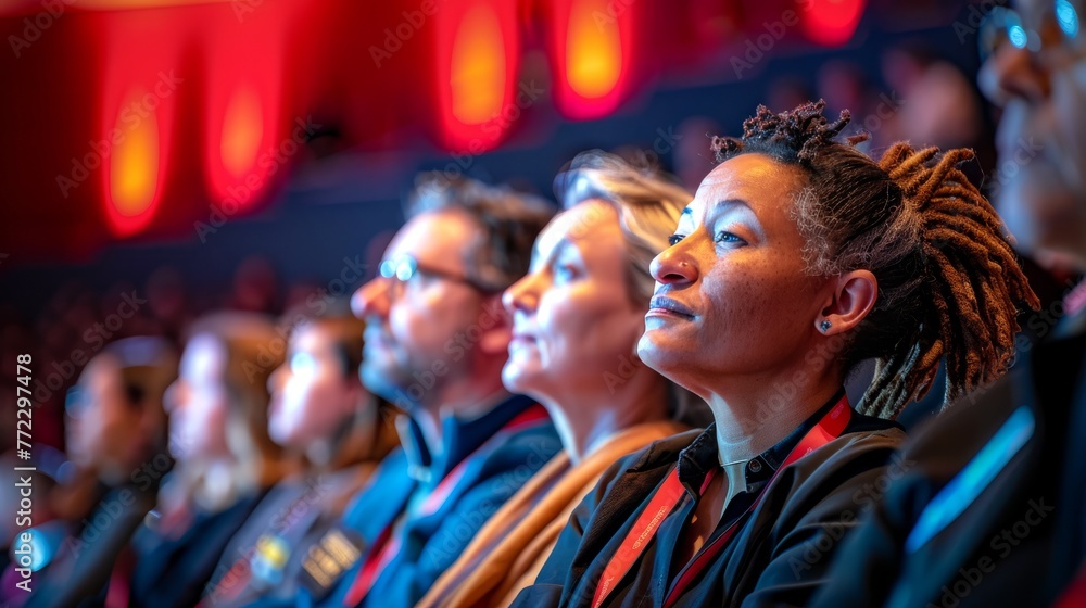 A row of individuals sitting closely together, facing in one direction. The group appears to be engaged in a shared activity or event, with each person seated in an orderly manner A row of individuals sitting closely together, facing in one direction. The group appears to be engaged in a shared activity or event, with each person seated in an orderly manner