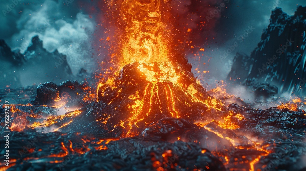 Underwater volcano eruption with flowing lava, vivid colors, detailed closeup ,ultra HD,clean sharp focus - obrazy, fototapety, plakaty 