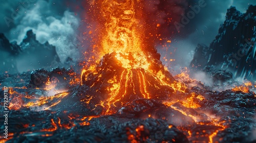 Underwater volcano eruption with flowing lava, vivid colors, detailed closeup ,ultra HD,clean sharp focus