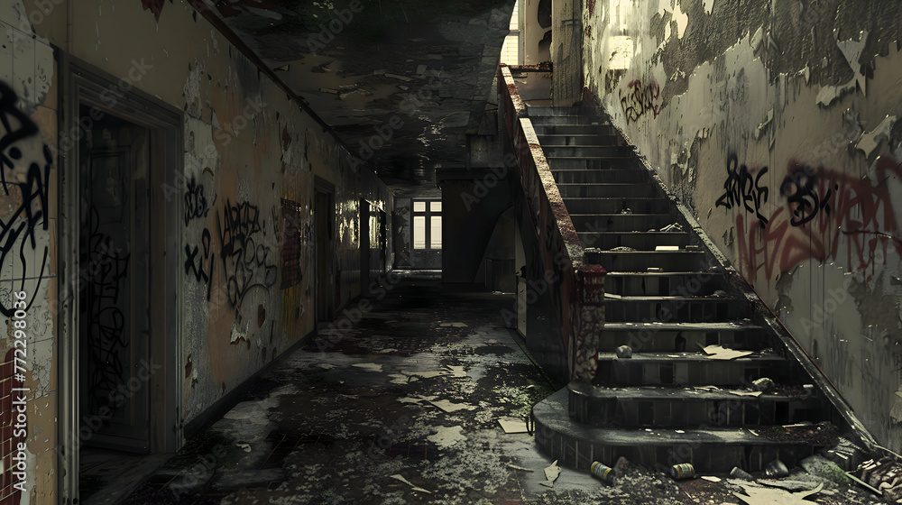 A neglected and graffiti-covered public housing complex A neglected and graffiti-covered public housing complex