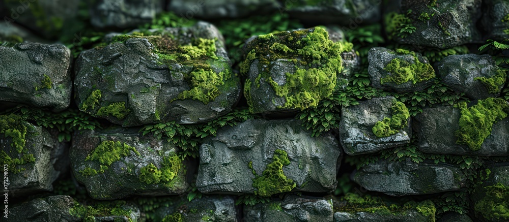 Moss thrives on a weathered stone wall, adding a vibrant green contrast to the rough surface. Moss thrives on a weathered stone wall, adding a vibrant green contrast to the rough surface.