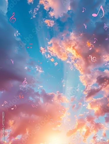 Dreamy sky with vibrant musical notes, ethereal and majestic, soft focus, colorful ambiance, overhead angle photo