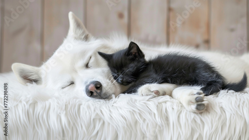 White dog cuddling black cat