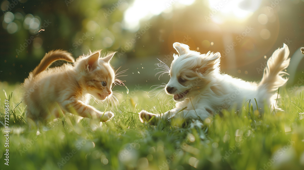 Puppy and kitten playing in grass Puppy and kitten playing in grass
