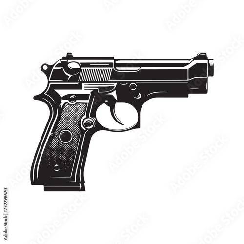 Artistic Precision: Elaborate Pistol Silhouette Paired with Pistol Illustration - Minimallest Pistol Vector