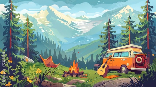 Forest camp poster with van, chair and guitar. © Terablete
