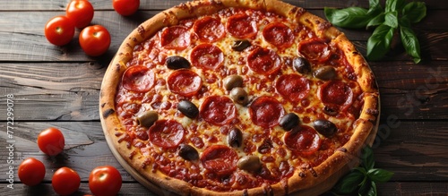 A freshly baked pepperoni pizza topped with olives on a rustic wooden table.