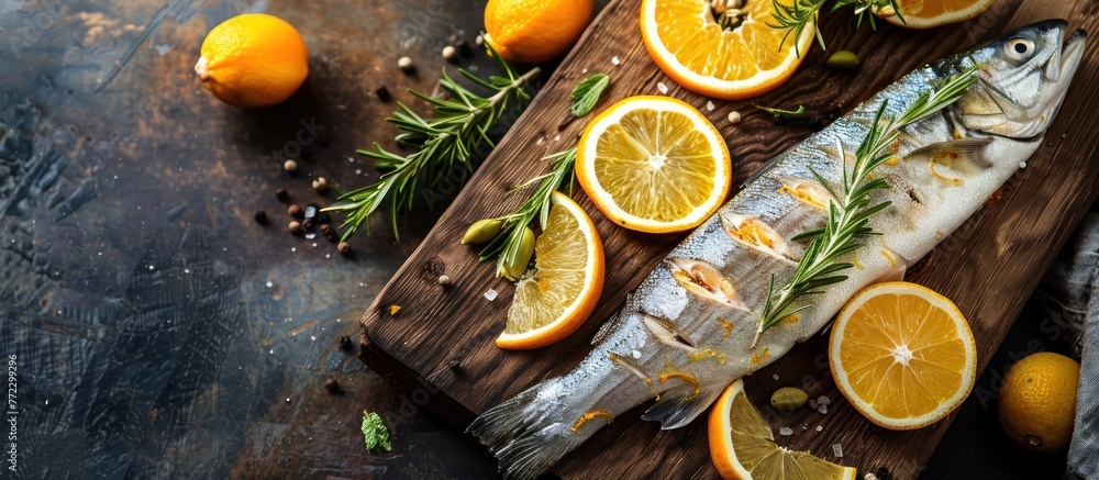 A raw fish is displayed on a wooden cutting board, surrounded by vibrant yellow lemons and fragrant rosemary sprigs. - obrazy, fototapety, plakaty 