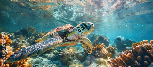 A turtle gracefully swims over a vibrant coral reef, showcasing the diverse marine life in the ocean.