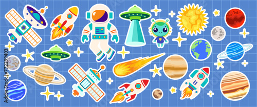 Cartoon space, cosmos stickers with astronaut, planet, star, . Vector illustration