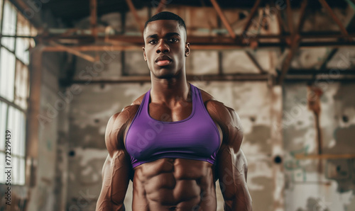 fit black male with muscles wearing purple sport bra top in industrial background photo