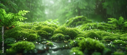 A lush green forest in a downpour of rain, with raindrops sparkling on the vibrant green leaves and moss-covered ground.