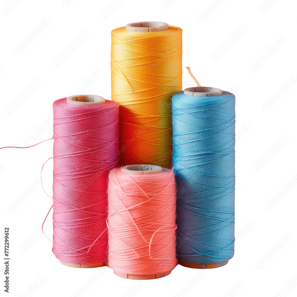 Four spools of different colors stacked like cylinders on transparent background Four spools of different colors stacked like cylinders on transparent background
