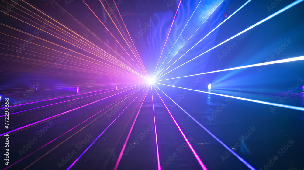 Laser light show tunnel effect, vibrant against pure darkness