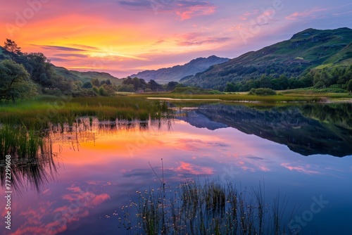 Spectacular Sunset Over Tranquil Mountain Lake