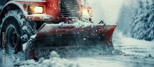 A red snow plow is in action, clearing the snowy road with its shovel in the middle of winter.