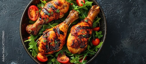 A plate featuring grilled chicken leg quarters accompanied by fresh tomatoes and crisp lettuce leaves.