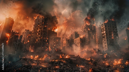 The city is on fire, wars are destroying it, leaving burning broken buildings with smoke and flames.