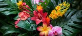 A collection of vibrant tropical flowers and leaves arranged in a vase, showcasing a variety of colors and textures.