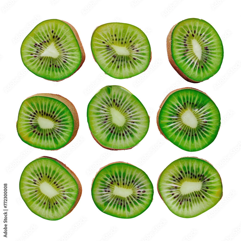 Fresh green kiwi slices displayed on a transparent background Fresh green kiwi slices displayed on a transparent background