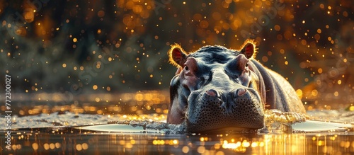 A hippopotamus enjoying a swim in a body of water.