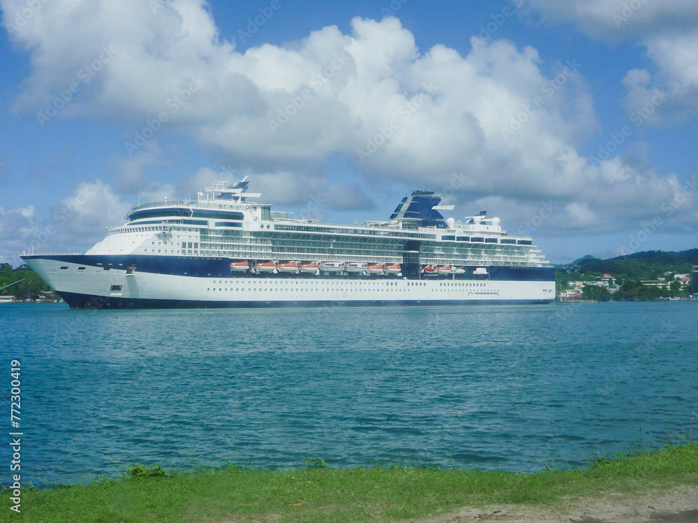 Modern luxury family cruiseship cruise ship liner Summit in port of St. Lucia during summer Caribbean tropical island cruising