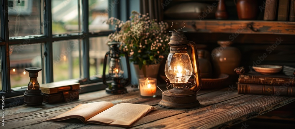 A vintage lantern and a book are placed on an elegant table in a simple setting.