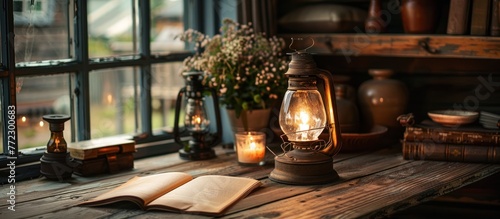A vintage lantern and a book are placed on an elegant table in a simple setting. © FryArt