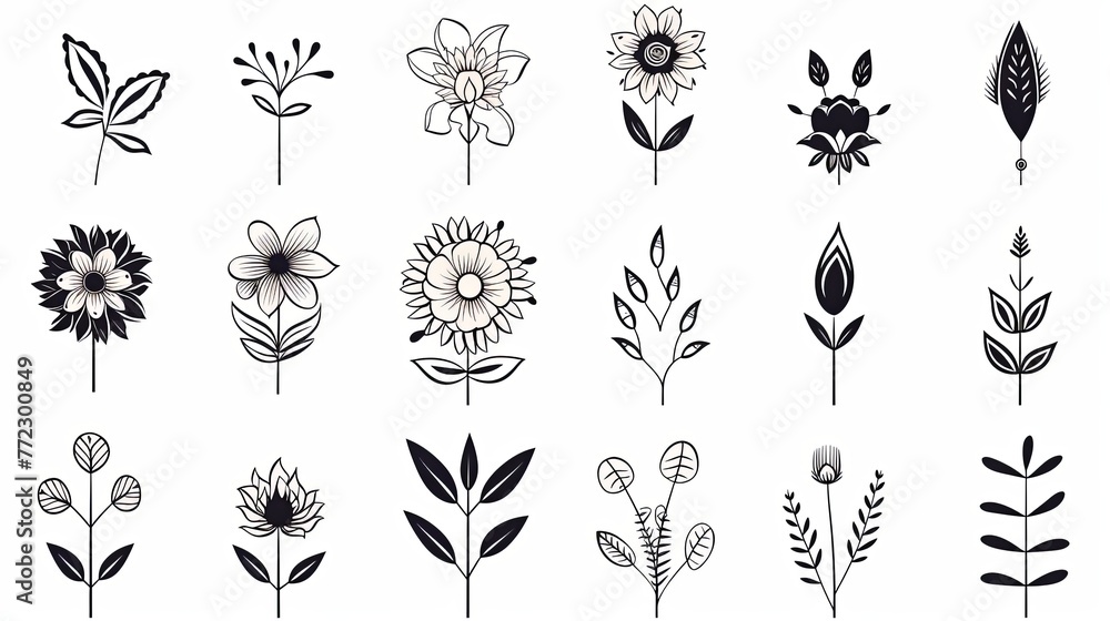 Set of Ethnic flowers ornaments on white background, tattoos