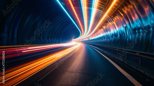 Vivid light streaks creating a dynamic tunnel  enclosed by darkness
