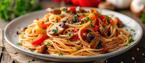 A plate filled with delicious pasta topped with sautéed mushrooms and bell peppers. © FryArt Studio