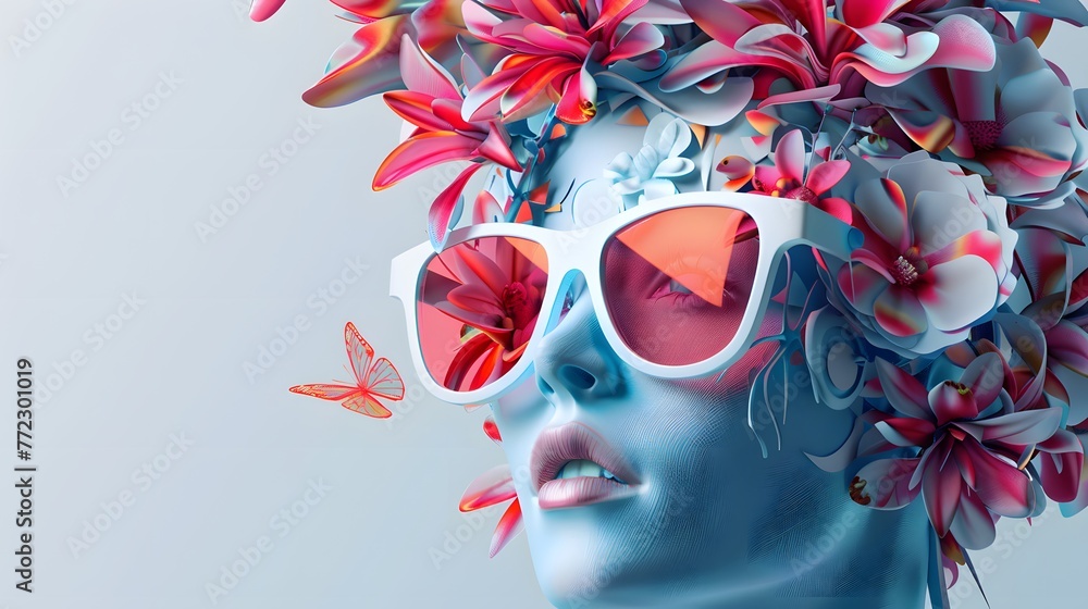 A woman with flowing hair and sunglasses peeks out from a stylish carnival mask in this summery fashion illustration