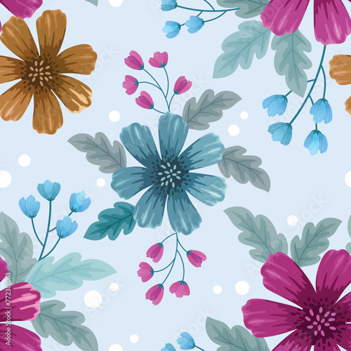 Cute colorful flowers on blue color background seamless pattern. This pattern can beused fro fabriv textile wallpaper.