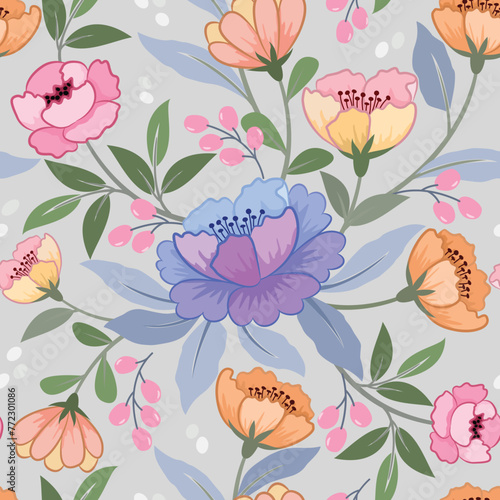 Cute colorful flowers on dark blue color background seamless pattern. This pattern can beused fro fabriv textile wallpaper.
